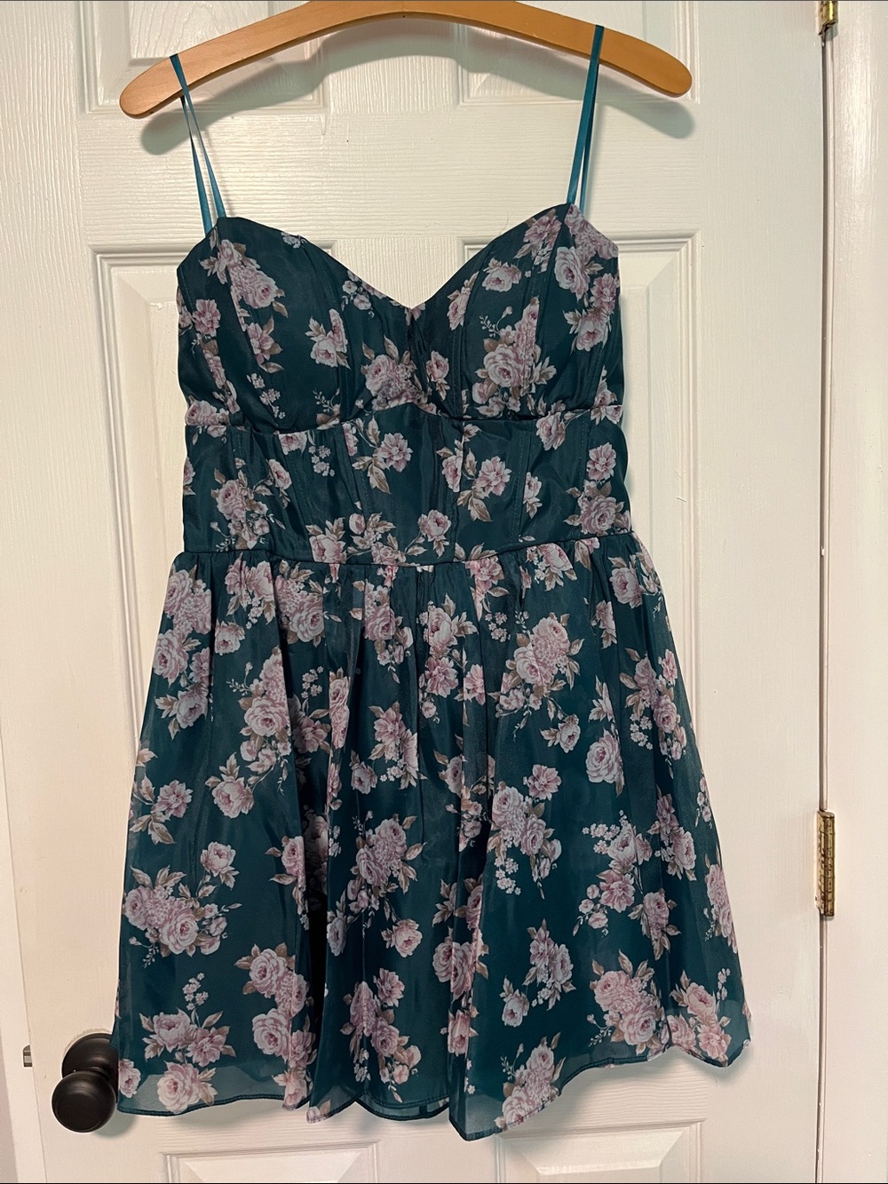 B Darlin Green Strapless Floral Dress with Pink Flowers